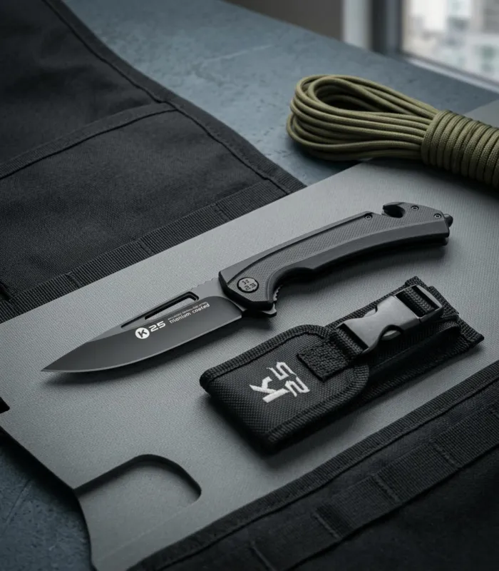 Taktisches Messer K25 mit gelochtem Blatt, G10-Griff, mit Scheide