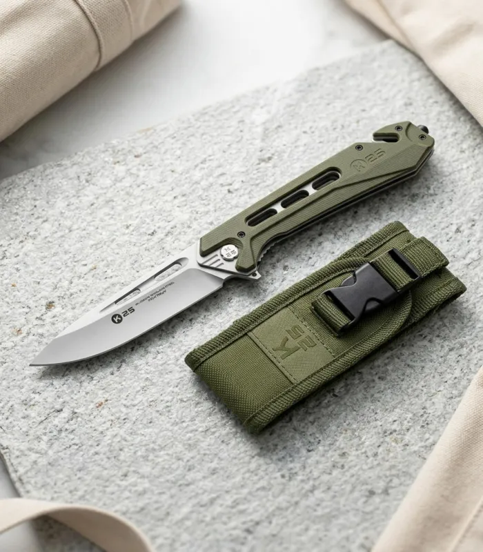 Navaja táctica K25 CNC G10 verde, con funda