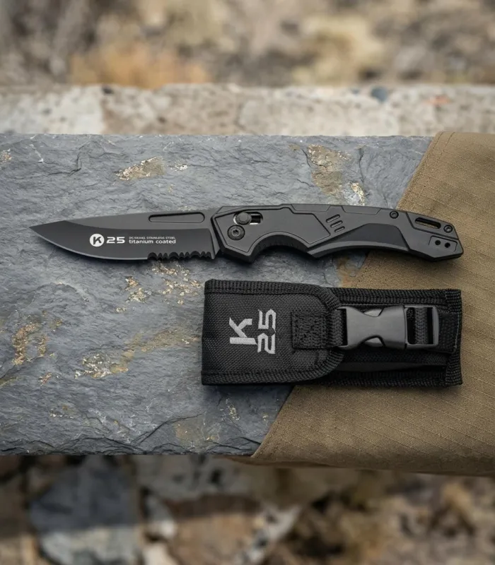 Couteau tactique K25 lame scie titane, avec étui