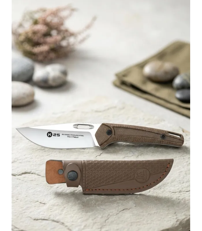 Faca tática K25 Mikarta cor caramelo, com capa